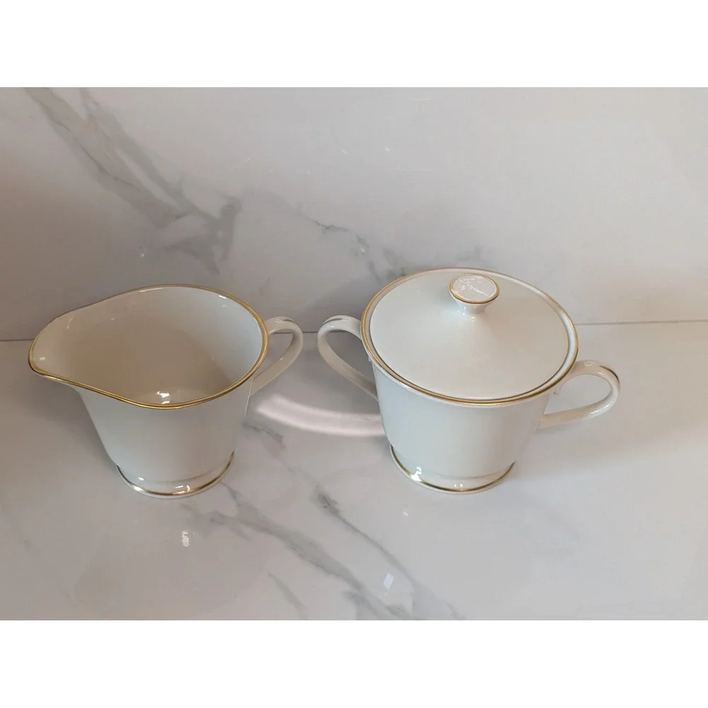 Lenox Hayworth Ivory Porcelain Sugar Bowl with Lid and Creamer Set Gold Trim